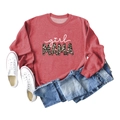 Flat lay of a brick red girl MAMA sweatshirt with leopard print text and denim jeans - Red (White Letters)