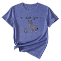 Close-up of blue heather t-shirt featuring I don't give a slogan and knotted hem detail - Vintage Blue