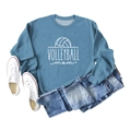 Flat lay of a grey-blue crewneck sweatshirt with white Volleyball Mom print and volleyball graphic - Blue (White Font)