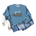Flat lay of casual blue sweatshirt with girl MAMA leopard print and denim shorts - Blue (White Print)