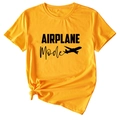 Detail of yellow cotton T-shirt with Airplane Mode print and stylish side knot hem - S / Mustard Yellow (Black Text)