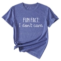 Blue short-sleeve T-shirt featuring a knotted hem and Fun Fact I Don't Care slogan - S / Vintage Blue