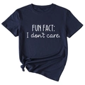 Detail of navy blue t-shirt featuring white FUN FACT I don't care slogan print - S / Navy Blue