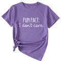 Detail of purple cotton T-shirt featuring 'I don't care' text and stylish side knot design - S / Purple (White Font)