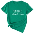 Detail view of cotton grass green T-shirt with FUN FACT I don't care slogan and knotted hem - S / Dark Green