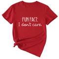 Detail of red cotton T-shirt featuring 'FUN FACT: I don't care' print and front knot tie - S / Red