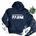 Navy blue Life is Better on the Farm hoodie with front pocket and drawstring - S / Navy Blue