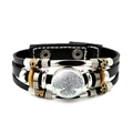 Detailopname van meerlaagse leren armband met Levensboom glas-cabochon en metalen kralen - Donkerblauwe Gradiënt Levensboom (JY006600-1)