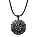 Nordic Viking Vegvisir compass necklace with rune circle on black leather cord - Viking Compass (JY006538-1)
