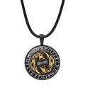 Detail of Viking dual wolf pendant with gold relief heads and silver runic alphabet - Viking Twin Wolves Rune (JY006538-6)