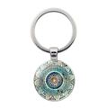 Mandala pattern glass pendant keychain with silver metal ring and turquoise floral motif - Lake Blue Cyan Mandala (JY006636-1)