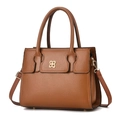Brown lychee-textured leather handbag with gold butterfly accent and versatile strap - 28x12x22cm / Earthy Yellow