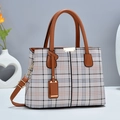 Classic check pattern handbag with brown leather straps and gold metal hardware detail - Khaki Grid