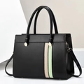 Sac à main élégant en cuir noir avec rayures beiges et vertes et détails dorés - Moyen / Noir