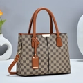 Classic checkered tote bag with brown leather handles and gold buckle detail - Khaki Checkered