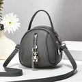 Grey round tassel crossbody bag with silver bear pendant and lychee texture - 17x8x18 / Dark Gray