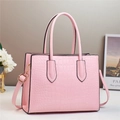 Pink crocodile pattern handbag with top handles and adjustable shoulder strap for women - Pink