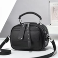 Retro black leather multi-layer crossbody bag with rivets and three zippers design - Black