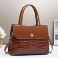 Elegant brown crocodile pattern tote bag with golden flower buckle and shoulder strap - Large / Brown
