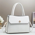 White faux leather crocodile embossed handbag with gold floral twist lock for women - Large / White