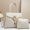 Chic beige lychee leather handbag set with adjustable strap and golden round hardware - 29x12x22cm / Off White