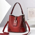 Deep red crocodile texture bucket bag with top handle and gold D-shaped hardware - Wine Red