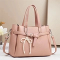 Pink lychee leather handbag with pearl bow charm and detachable shoulder strap - L29 W13 H22cm / Pink
