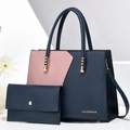 Stylish navy blue and pink patchwork tote bag set with matching wallet and gold hardware - Blue