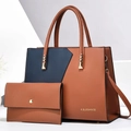 Two-piece color block faux leather handbag set with shoulder strap and long wallet - Brown & Dark Blue Patchwork / Earthy Yellow