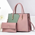 Detail of pink and green leather tote bag with gold hardware and K.ELEGANCE logo - Pink Green Contrast / Pink