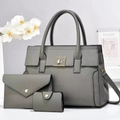Three-piece grey pebbled leather tote bag set with gold hardware and envelope clutch - Gray