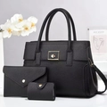 Schwarzes 3-teiliges Shopper-Set aus Kunstleder mit Kieselprägung und Goldverzierung - Schwarz