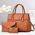 Dreiteiliges braunes Handtaschen-Set aus Leder mit Litschi-Muster und Goldbeschlägen - Erdgelb