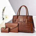 Three-piece brown crocodile pattern handbag set with shoulder bag, clutch and card holder - Earthy Yellow