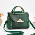 Deep green crocodile pattern handbag with gold clasp and top handle for women - Green