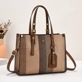 Large capacity color-block canvas tote bag with leather trim and adjustable shoulder strap - One Size / Khaki