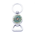 Yoga Mandala silver metal bottle opener keychain with artistic glass gemstone pendant - Cyan And Gold Mandala (JY006650-1)