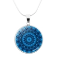 Macro detail of the blue mandala pattern glass pendant with silver plated snake chain - Blue Green Kaleidoscope (JY006645-5)