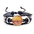 Detail of multi-layer leather bracelet featuring a Tree of Life glass gem and braided cords - Golden Fortune Tree(JY006587-4)