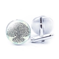 Detail of silver Tree of Life cufflinks with teal background and T-toggle closure - Celadon Background Black Tree (JY006601-1)