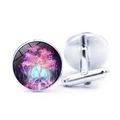 Silver cufflinks with Tree of Life glass cabochon design on white background - Pink Purple Fantasy Tree (JY006601-2)