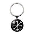 Détail du porte-clés pendentif boussole viking Vegvisir argenté avec dôme en verre - Style Boussole Viking Blanc sur Verre Noir (JY006525-11)