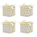 Set of four white square candy boxes with gold polka dots and elegant ribbon bows - White Gold Foil Polka Dot With Gold Edge Ribbon