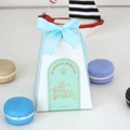 Elegant white pyramid wedding favor box with a light blue ribbon and gold text accents - Sky Blue