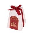 European white trapezoid wedding candy box with gold geometric lines and red ribbon bow - Burgundy