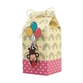 Detail of cartoon monkey gift box with rainbow heart prints and natural twine bow tie - Red Monkey