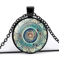 Mandala flower glass dome pendant necklace with retro black metal chain for women - Teal Blue Mandala Pattern (JY006626-1)
