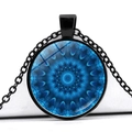 Close-up of mandala kaleidoscope art pattern under glass dome in black alloy pendant - Blue and Purple Bohemian Pattern (JY006626-5)