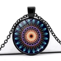 Detail of Mandela glass dome necklace showing intricate geometric patterns and black chain - Orange-Yellow to Blue Diffusion Pattern (JY006626-6)