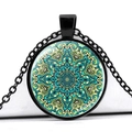 Detail of mandala glass gem pendant with turquoise pattern on black link chain - Teal and Yellow Vintage Pattern (JY006626-12)